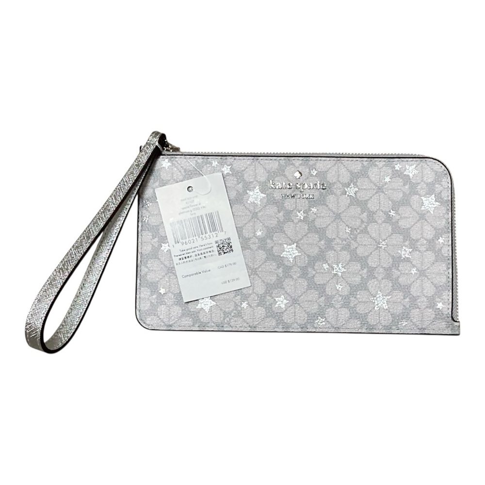 Kate Spade Flower Star Design L-Zip Medium Wristlet In Platinum NWT